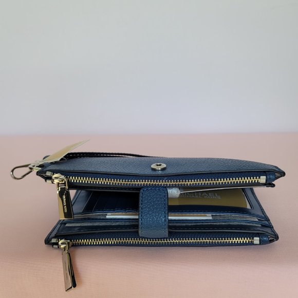 MICHAEL KORS Jet Set Double Zip Pebbled Leather Wristlet- River Blue🎈$114.⭐ - Picture 7 of 16